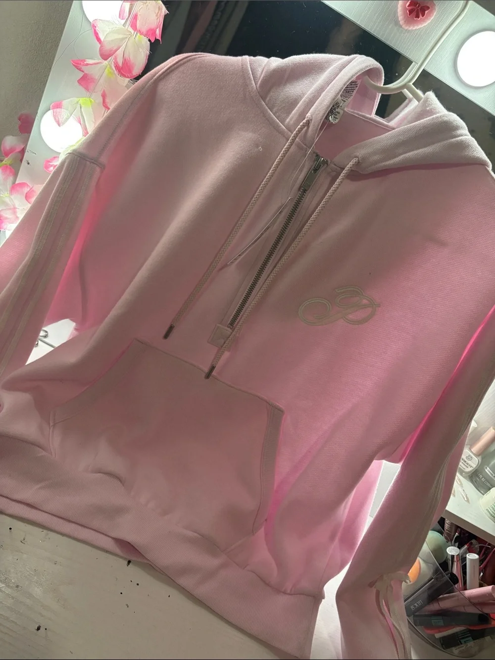 PINK Victoria's Secret Light Pink Half-Zip Hooded Sweatshirt